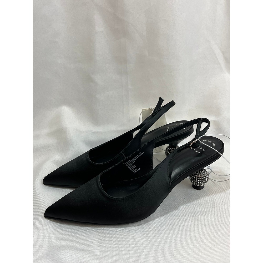 A New Day Womens Black Satin Slingback Pointed Toe Disco Ball Rhinestone Heel 6
